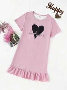 Cô gái Tween Tim & Lá thư In Ngắn tay Đầm - Bụi hồng - Xem 1