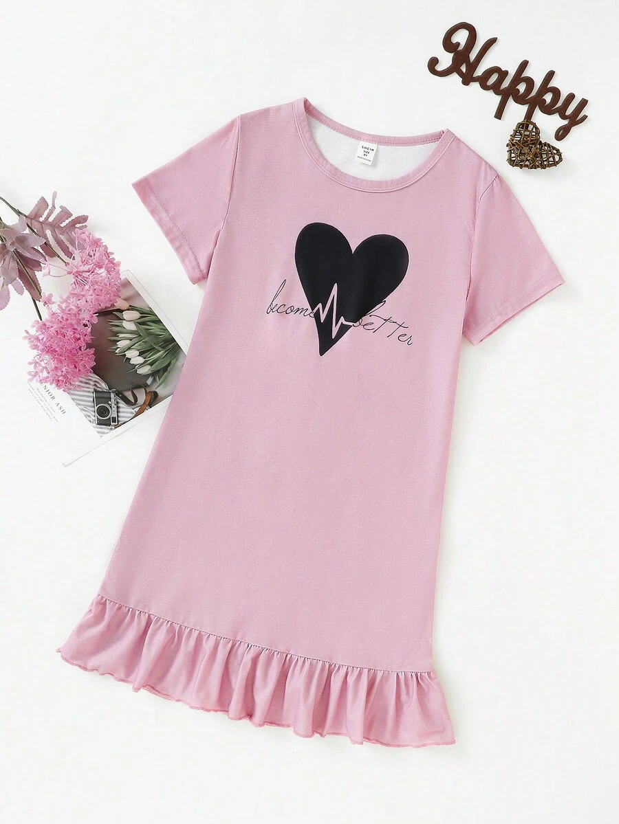 Cô gái Tween Tim & Lá thư In Ngắn tay Đầm - Bụi hồng - Xem 1