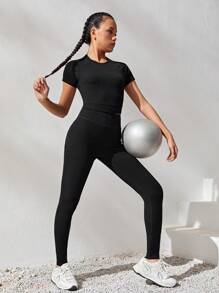 SHEIN Cô gái Dệt kim Sọc Áo thun Và Quần Quần áo thể thao Bộ - màu đen - Xem 1