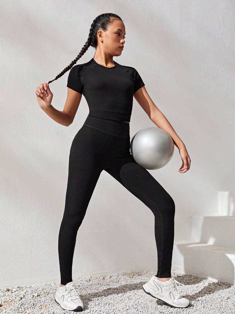 SHEIN Cô gái Dệt kim Sọc Áo thun Và Quần Quần áo thể thao Bộ - màu đen - Xem 1