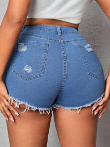 Slaydiva Pantalones Cortos Rasgados Elásticos Con Ajuste Delgado De Talla Grande De Mezclilla - Azul - Ver 2