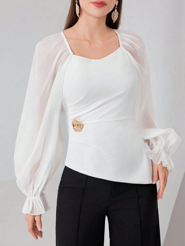 Women'S Mesh Panel Sweetheart Neck Long Sleeve Shirt