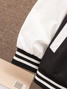 SHEIN Tween Boys' Casual Fashionable Letter Printed Color Block Baseball Jacket - Black and White - View 5