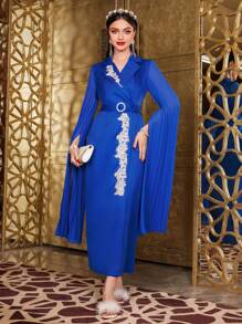 Modelyn فستان سهرة طويل مطرز زخرفي الأكمام عباءة غلاف ، فستان سهرة أنيق للمناسبات المسائية - الأزرق - مشاهدة 5