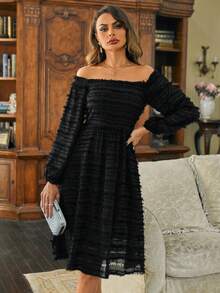 SHEIN Privé 女式露肩長袖連衣裙 - 黑色 - 查看 3