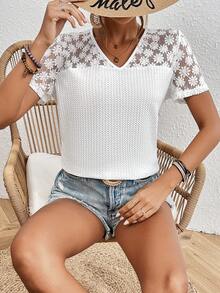 SHEIN Frenchy 女士蕾絲接縫t恤 - 白色 - 查看 6