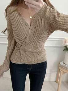 DAZY 女士修身斜紋釦領優雅針織衫 - 卡其色 - 查看 9