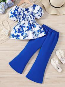 SHEIN 青少女花卉印花收緊泡袖上衣和喇叭褲夏季套裝 - 藍色 - 查看 2