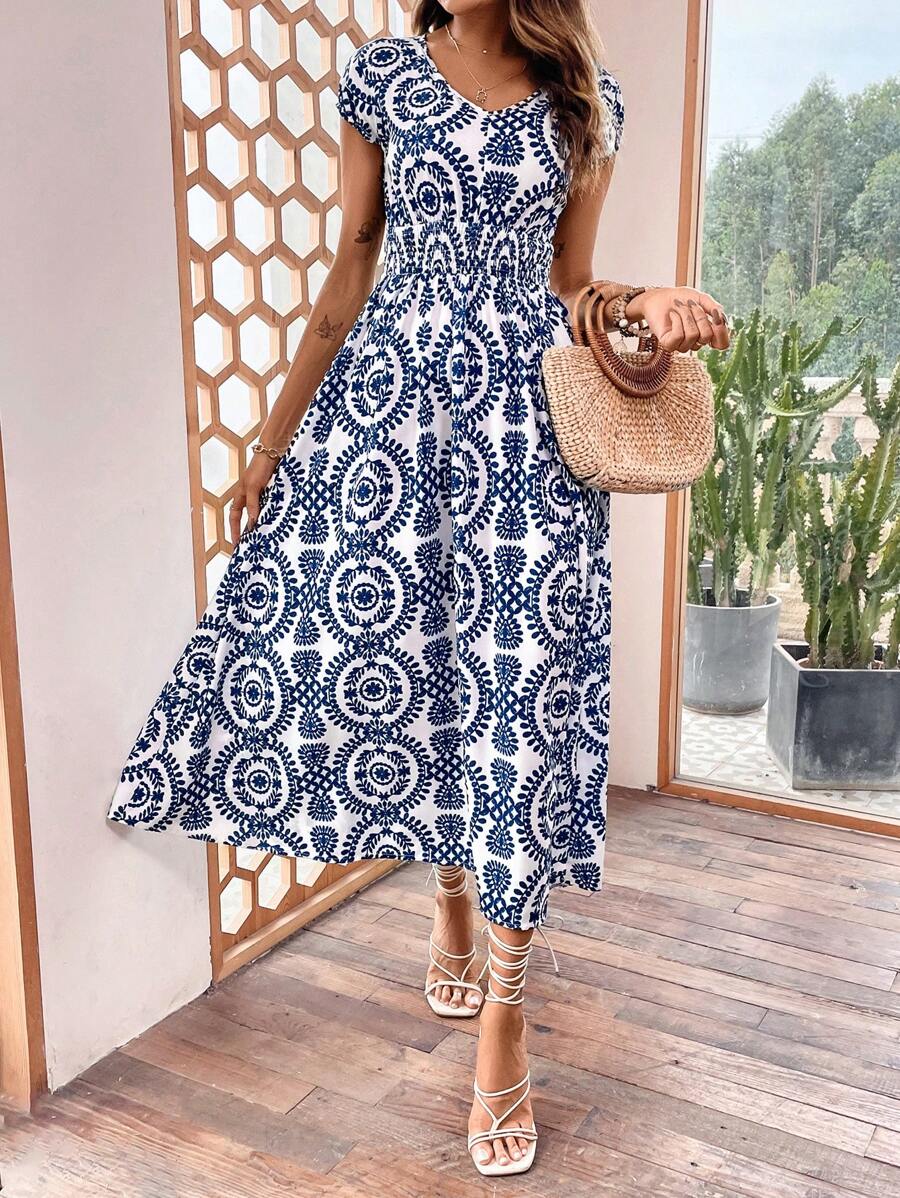 SHEIN Frenchy In Cổ chữ V Eo-thắt chặt Đầm giản dị - Xanh và trắng - Xem 1