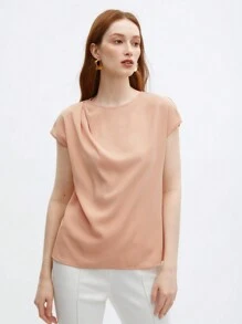 BizChic Women's Solid Color Batwing Sleeve Pleated Shirt, Elegant Office Wear Blouse, Business Casual Top, Formal Ladies Shirt - Champagne - View 5