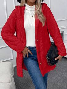 SHEIN LUNE 女士實色毛絨扣前帽子外套 - 紅色 - 查看 7