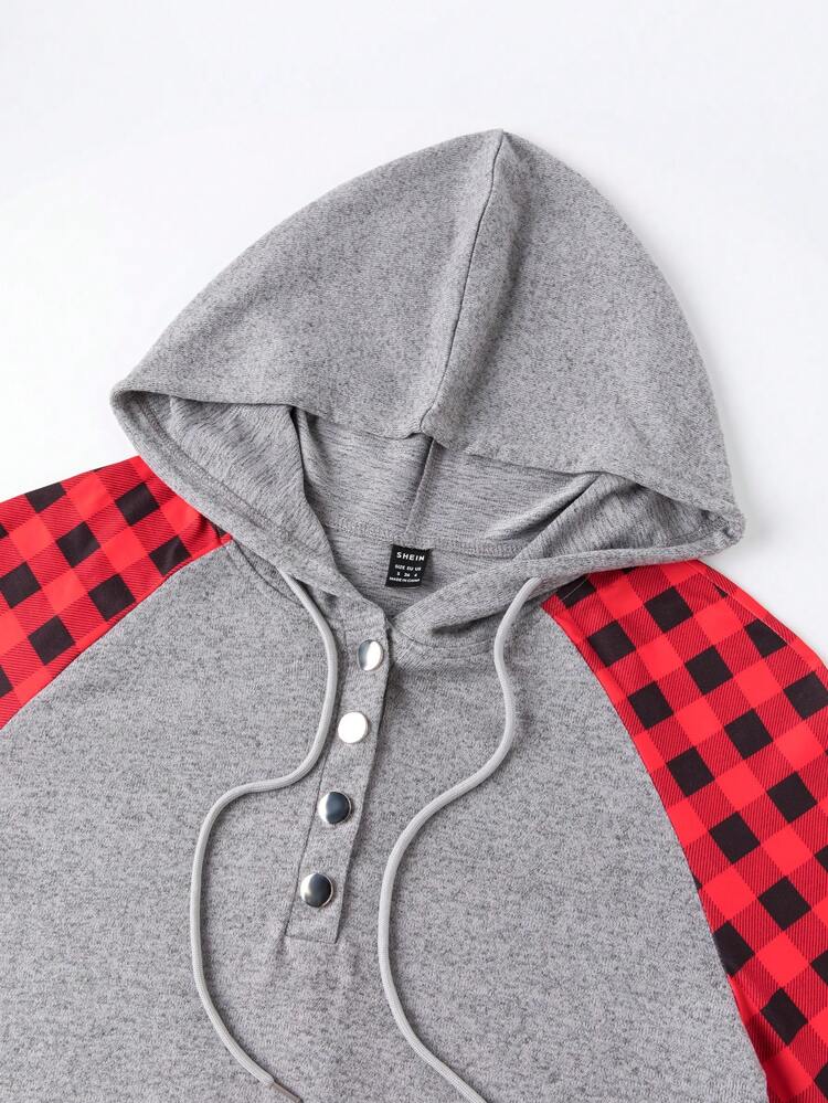Patchwork Plaid Round Neck Long Sleeve Hooded Sweatshirt With Pockets, Casual Pullover Fall Sweatshirt
