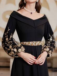 Modelyn 女士刺绣网眼灯笼袖露肩连衣裙，不含腰带超长女士装长款晚礼服 - 黑色 - 查看 4