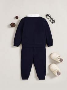 SHEIN Leap Crew Conjunto de Jaqueta e Calça Longa Tricotada Retalhos de 2 em 1 para Meninos Bebês - Azul Royal - Visão 2