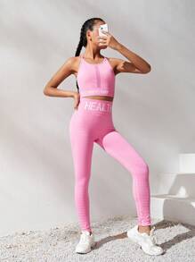 SHEIN Teenage Girls' Seamless Letter Printed Camisole Top And Pants Sports Set - Hot Pink - View 5