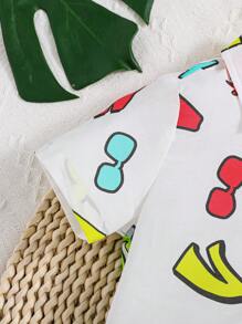 SHEIN Baby Boys' Cartoon Printed Casual Shirt, Hat And Shorts 3pcs Set - Blue and White - View 6