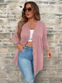 Plus Size Casual Plain Long Sleeve Single-Breasted Jacket - Pink - View 1