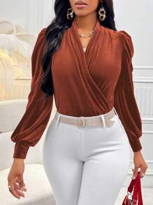 Zolique Puff Long Sleeve Wrap Blouse - Brown - View 5