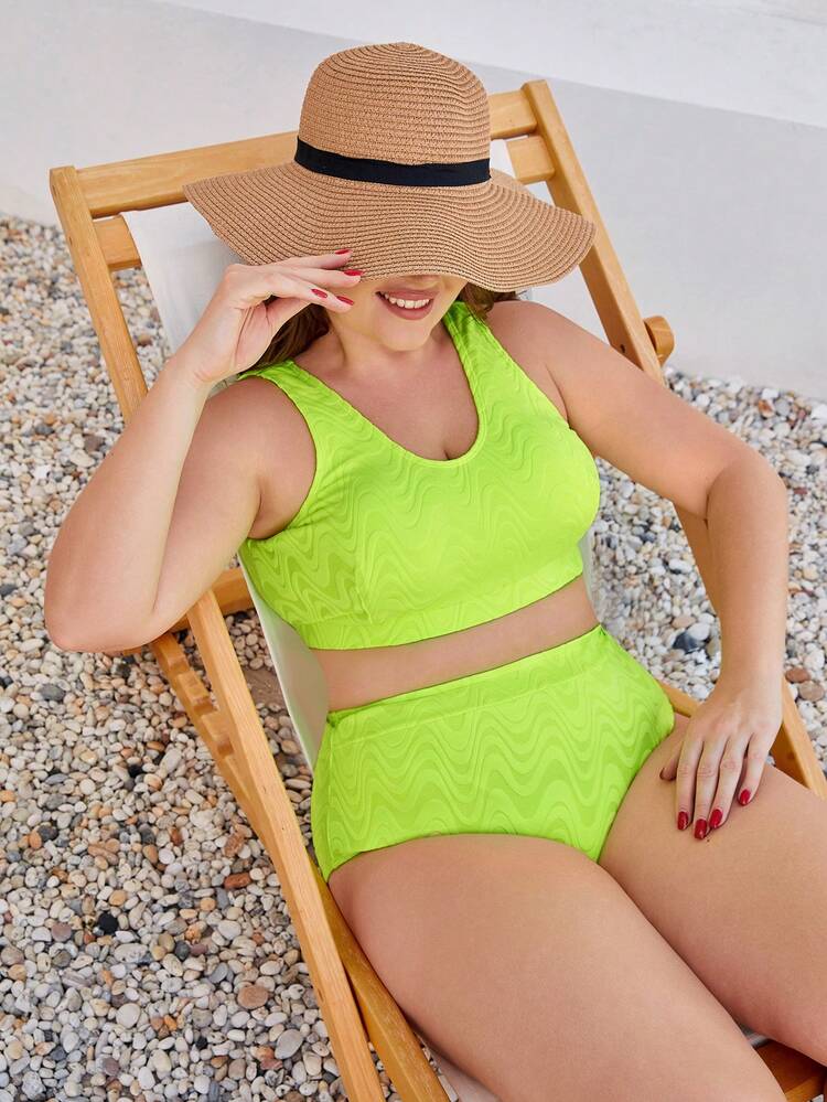 Plus Size Women's Jacquard V-Neck Bikini Set Summer