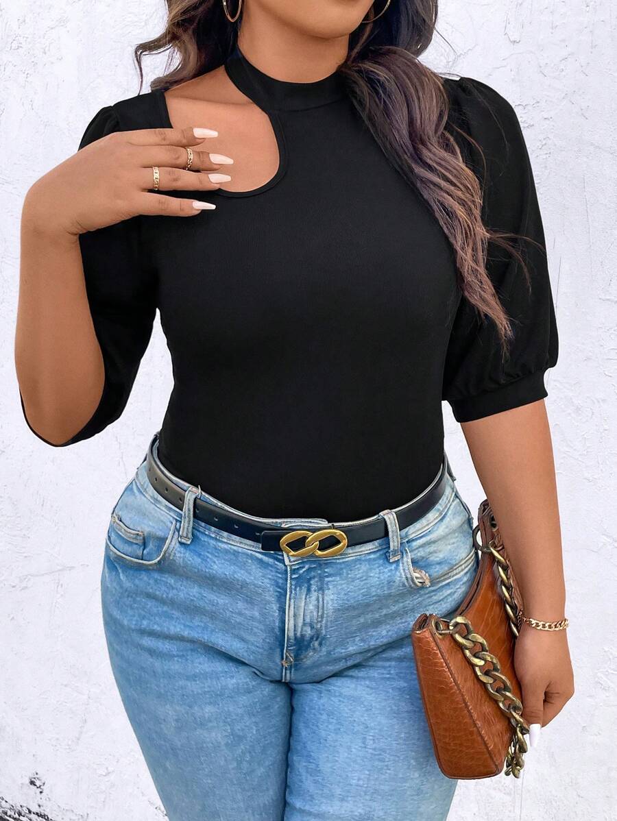 SHEIN Clasi 大尺碼女士露肩短袖連體衣 - 黑色 - 查看 1