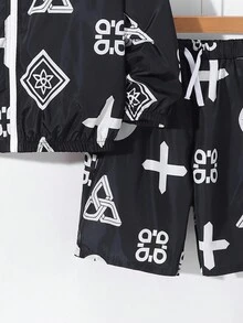 青少年男孩休閒連帽釦扣襯衫和寬鬆紗短褲套裝,印花圖案,針織 - 彩色 - 查看 5