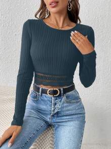 SHEIN Frenchy Women Fall Winter  Black Lace Patchwork Tight Fitted Textured Fabric T-Shirt