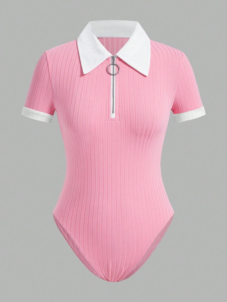 SHEIN EZwear Của phụ nữ Dệt kim Khối màu Dây kéo nửa Áo liền quần chặt - Hồng - Xem 1