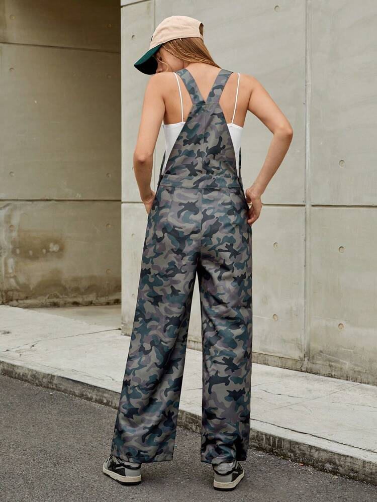 Women's Camouflage Woven Overall Jumpsuit With Shoulder Straps