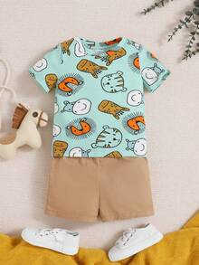 SHEIN 男嬰卡通動物印花短袖圓領上衣純色短褲 2 件/套