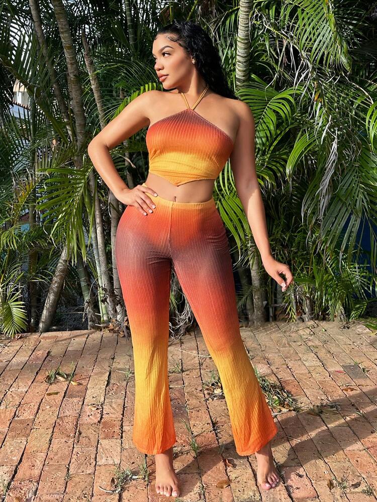 Hollow Out Sun-Set Ombre Color Asymmetrical Hem Halter Top And Bell Sleeve Pants Set For Vacation