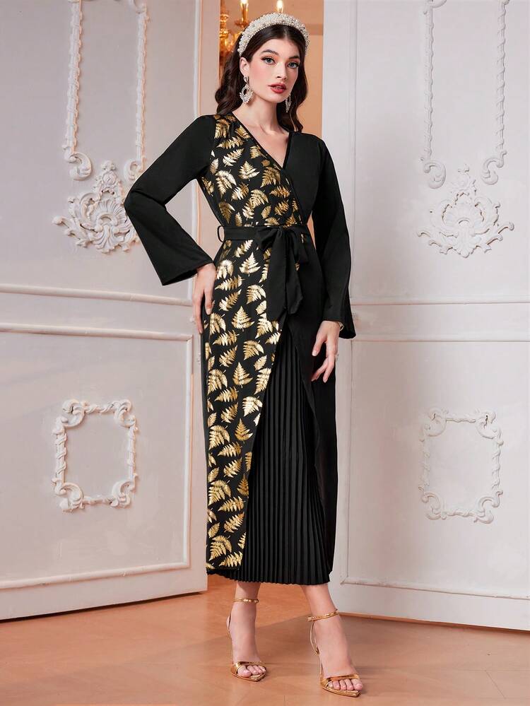 Colorblock Gold Foil Printed V-Neck Swing Dress With Pleated Hem