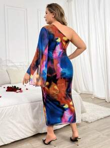 SHEIN Unity 大码女式扎染单肩长袖连衣裙 - 藍色 - 查看 2