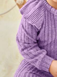 SHEIN 新生嬰兒女寶寶純色荷葉邊綁帶瑞脈襯衫,褲子和發帶3件套裝 - 紫色 - 查看 16