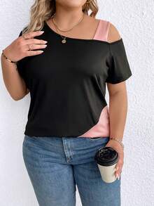 SHEIN LUNE Women's Plus Size Color Block Asymmetrical Neckline T-Shirt - Black - View 5