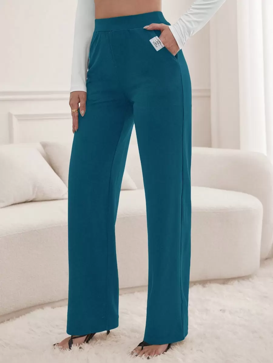 SHEIN Tall Women'S Solid Color Straight Leg Pants - Teal Blue - View 1