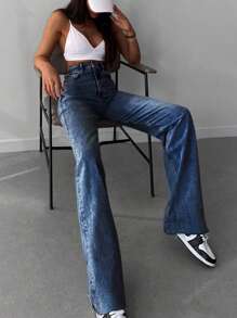 SHEIN Tall 休闲高腰直筒牛仔裤 - 深色水洗藍 - 查看 4