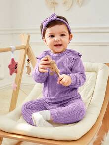 SHEIN 新生嬰兒女寶寶純色荷葉邊綁帶瑞脈襯衫,褲子和發帶3件套裝 - 紫色 - 查看 15