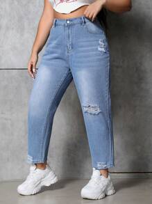 SHEIN EZwear 修身版型破洞設計mom牛仔褲 大尺碼 - 淺色水洗藍 - 查看 1