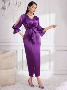 Modelyn Đầm trước xẻ vai cổ chữ V màu trơn màu trơn cho nữ - Màu tím - Xem 5