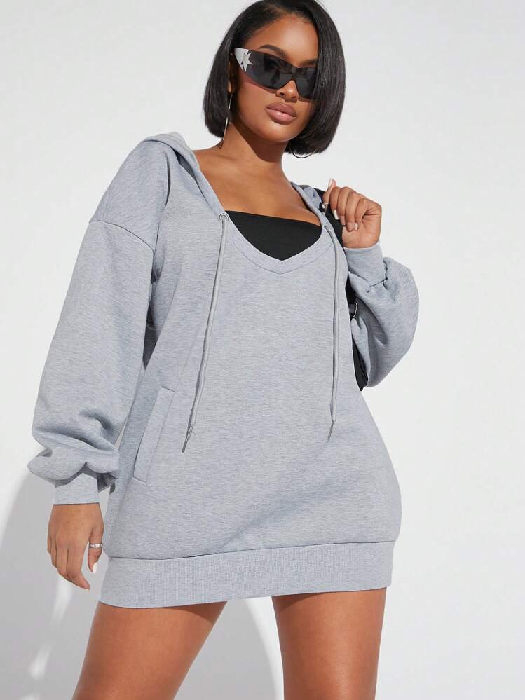 Denimoi Drop Shoulder Drawstring Hoodie - Light Grey - View 1