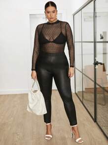 BizChic Plus Size Sexy Sheer Mesh Black Long Sleeve Top And Pants Set Without Bra For Daily