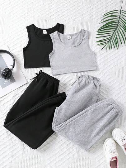 Sparklyn 青少女休閒純色無袖上衣和汗褲套裝