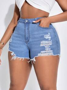 SHEIN SXY Women'S Plus Size Stretchy Tight Ripped High Waisted Denim Shorts