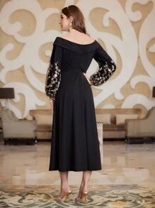 Modelyn 女士刺绣网眼灯笼袖露肩连衣裙，不含腰带超长女士装长款晚礼服 - 黑色 - 查看 2