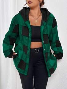 Flirla Plus Buffalo Plaid Print Hooded Flannel Coat