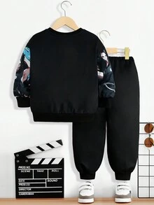 Boys Two-Piece Set Of Casual And Comfortable Cartoon Character Pattern Round Neck Sweatshirt And Sweatpants - Black - View 2
