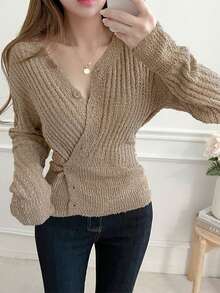 DAZY 女士修身斜紋釦領優雅針織衫 - 卡其色 - 查看 5