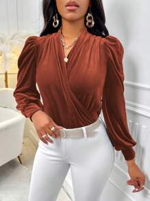 Zolique Puff Long Sleeve Wrap Blouse - Brown - View 3