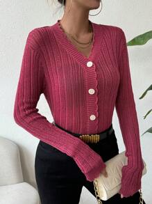 Chiquease Women's Button Front Cardigan With Curved Hem Fall Cloth For Women - Hot Pink - View 3