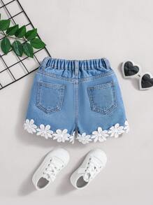 SHEIN 年轻女孩春夏波西米亚风可爱蕾丝边松紧腰带宽松舒适牛仔短裤牛仔短裤